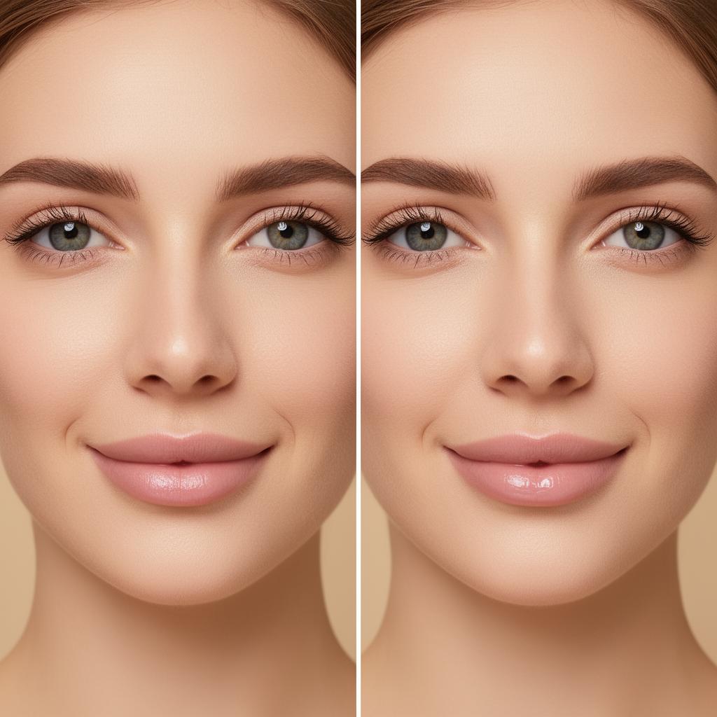 Antes e depois de preenchimento labial